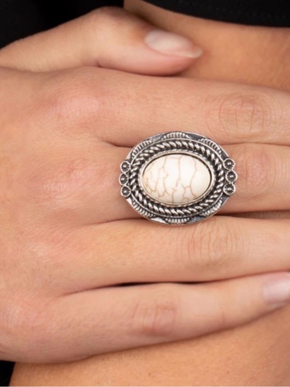 R-72 Classic Silver-Tone White Stone Statement Ring
